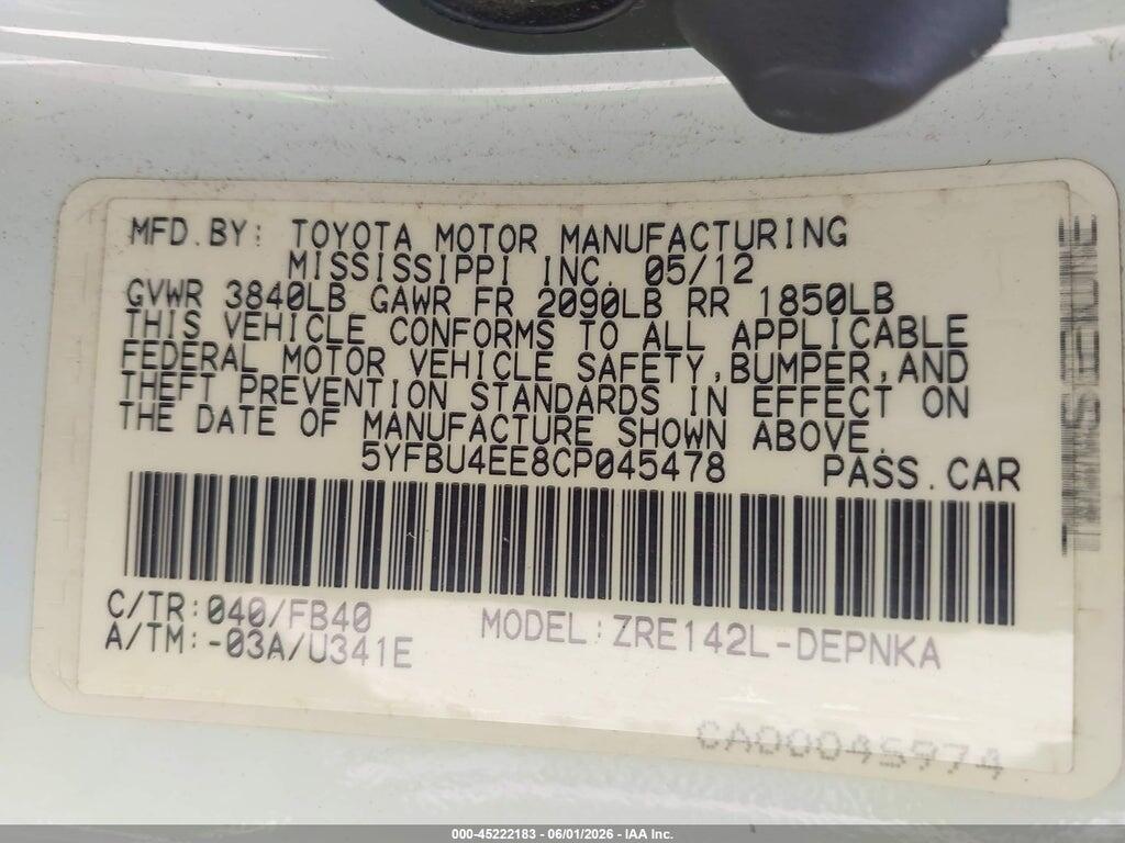 5YFBU4EE8CP045478 2012 TOYOTA COROLLA photo no. 9