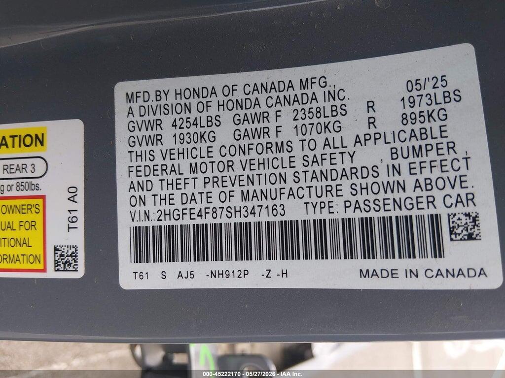 2HGFE4F87SH347163 2025 HONDA CIVIC HYBRID photo no. 9