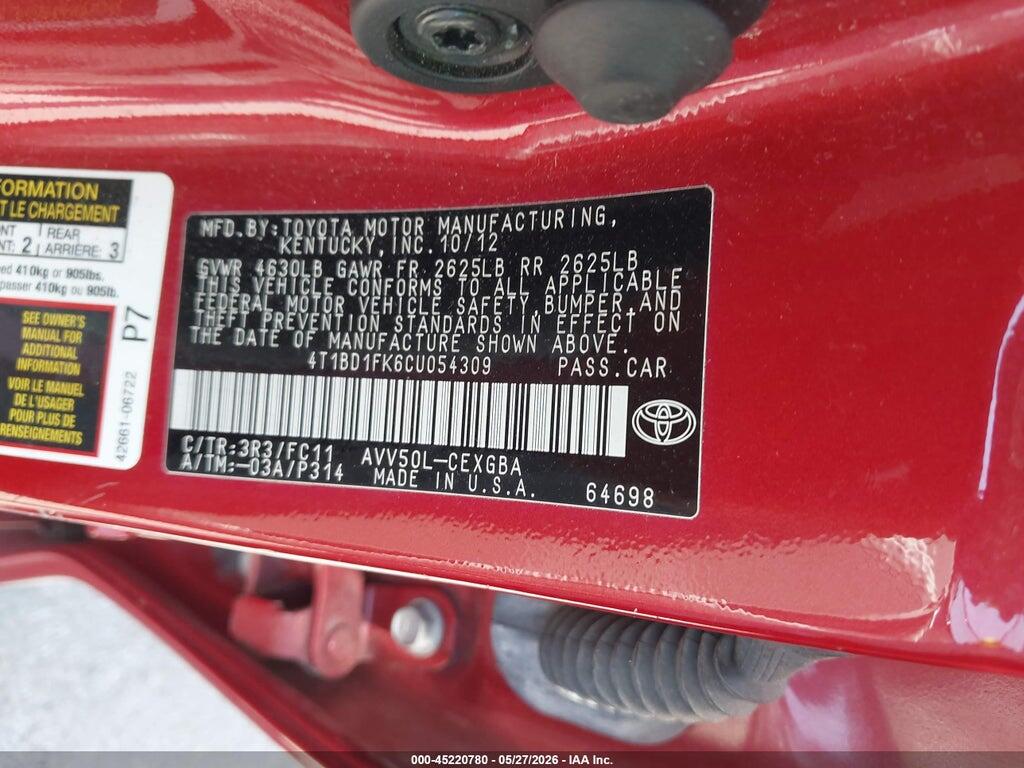 4T1BD1FK6CU054309 2012 TOYOTA CAMRY HYBRID photo no. 9
