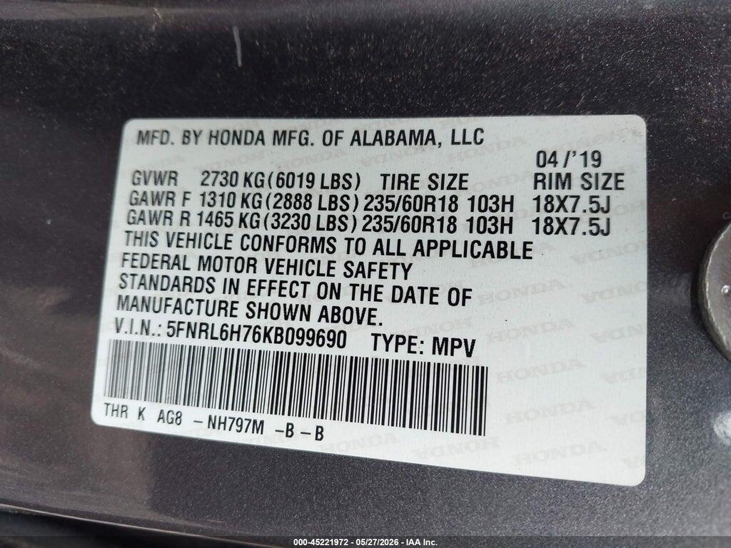 5FNRL6H76KB099690 2019 HONDA ODYSSEY photo no. 9