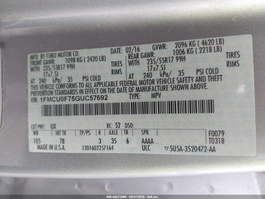 1FMCU0F75GUC57692 2016 FORD ESCAPE photo no. 9