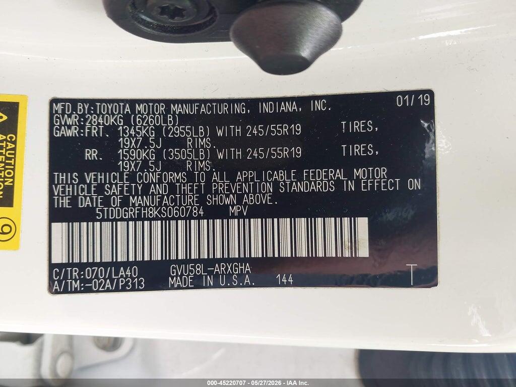 5TDDGRFH8KS060784 2019 TOYOTA HIGHLANDER HYBRID photo no. 9