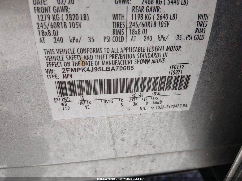 2FMPK4J95LBA70685 2020 FORD EDGE photo no. 9
