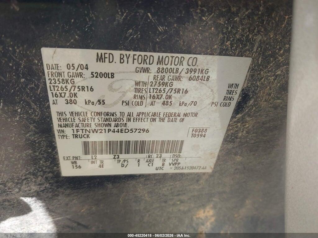 1FTNW21P44ED57296 2004 FORD F-250 photo no. 9