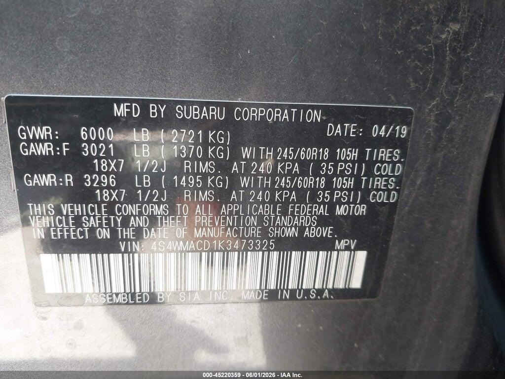 4S4WMACD1K3473325 2019 SUBARU ASCENT photo no. 9