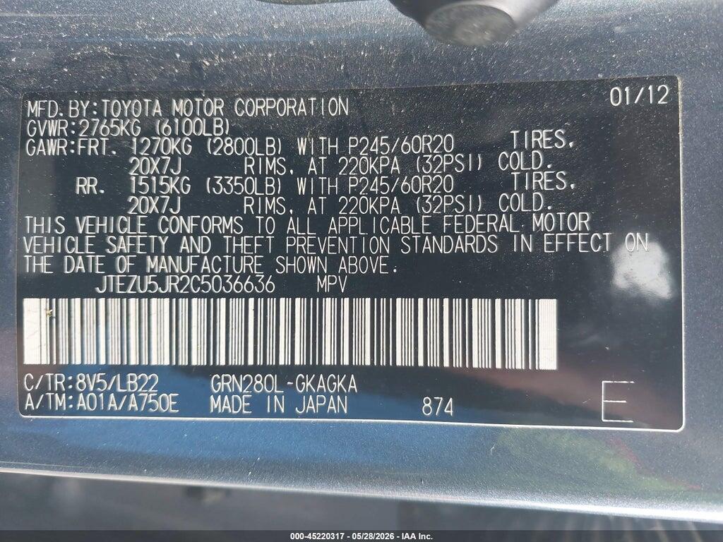 JTEZU5JR2C5036636 2012 TOYOTA 4RUNNER photo no. 9