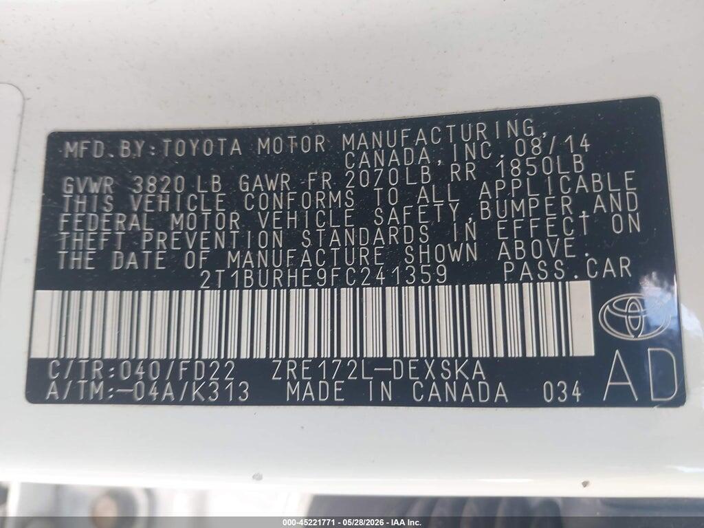 2T1BURHE9FC241359 2015 TOYOTA COROLLA photo no. 9