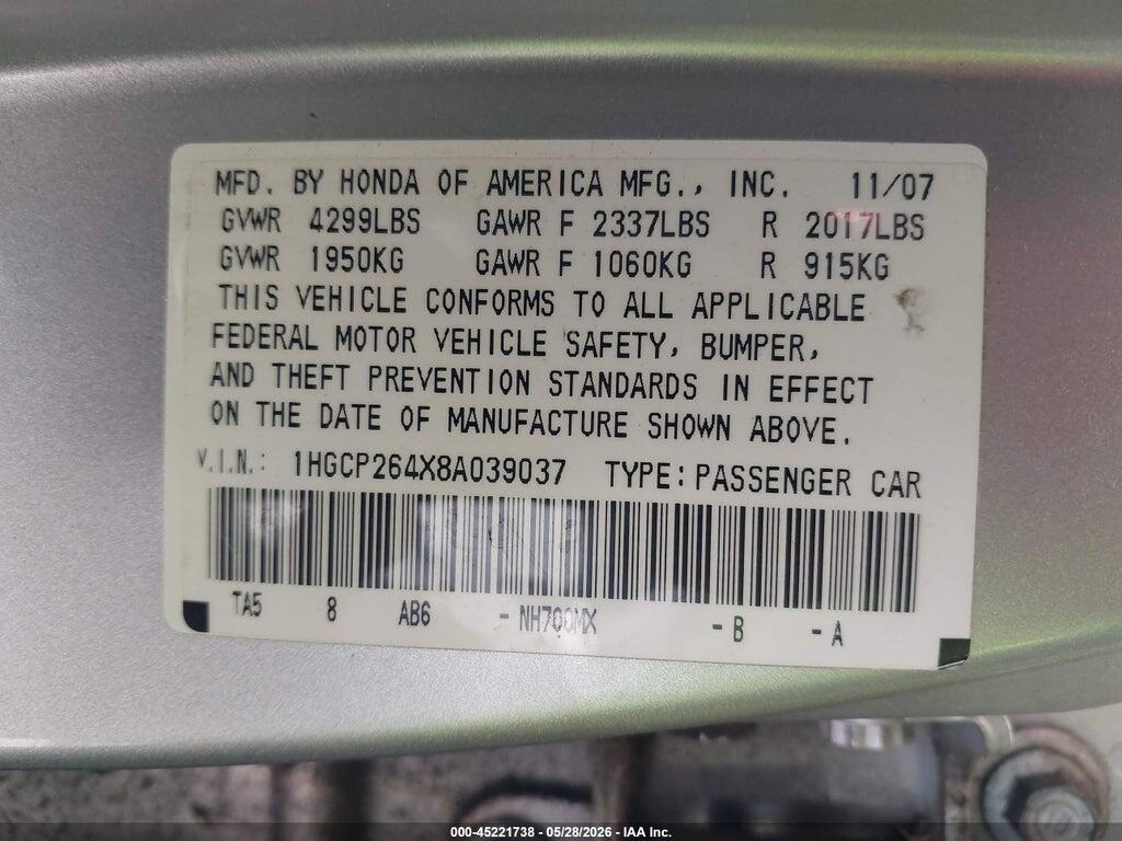 1HGCP264X8A039037 2008 HONDA ACCORD photo no. 9