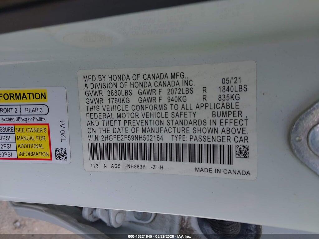 2HGFE2F59NH502164 2022 HONDA CIVIC photo no. 9