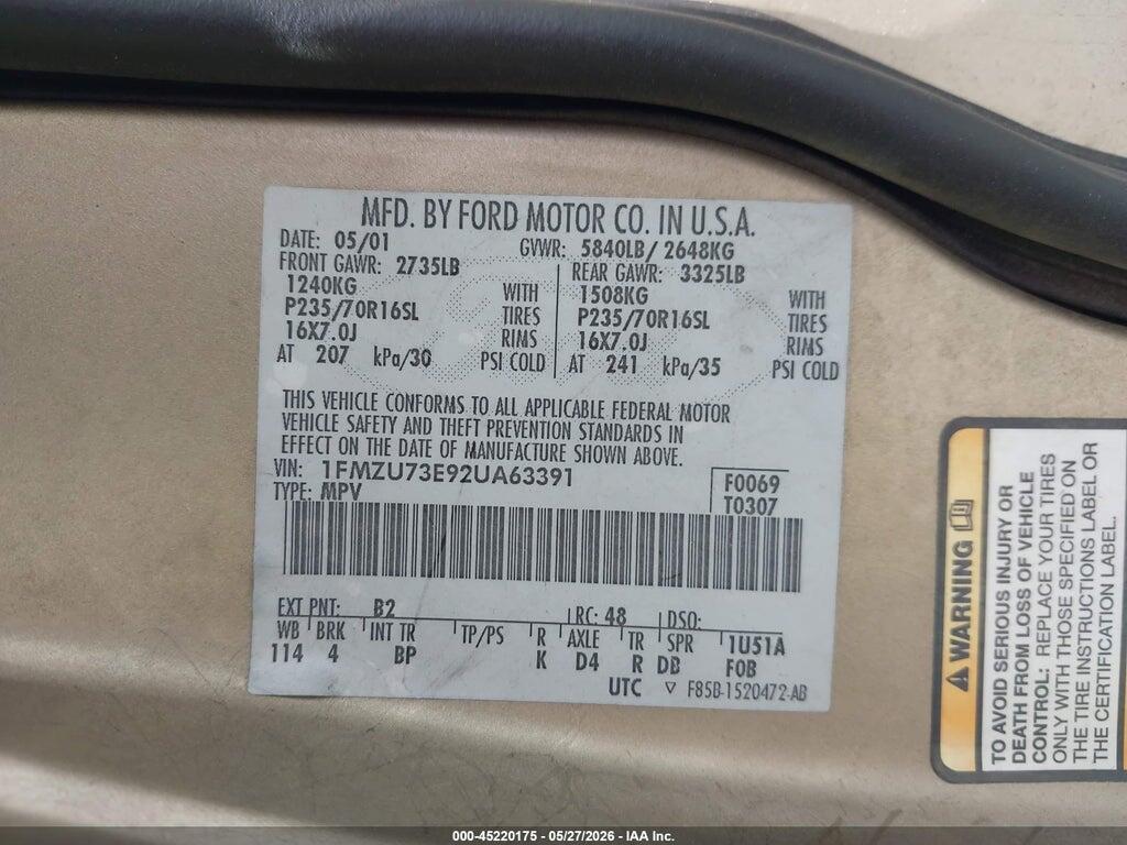 1FMZU73E92UA63391 2002 FORD EXPLORER photo no. 9