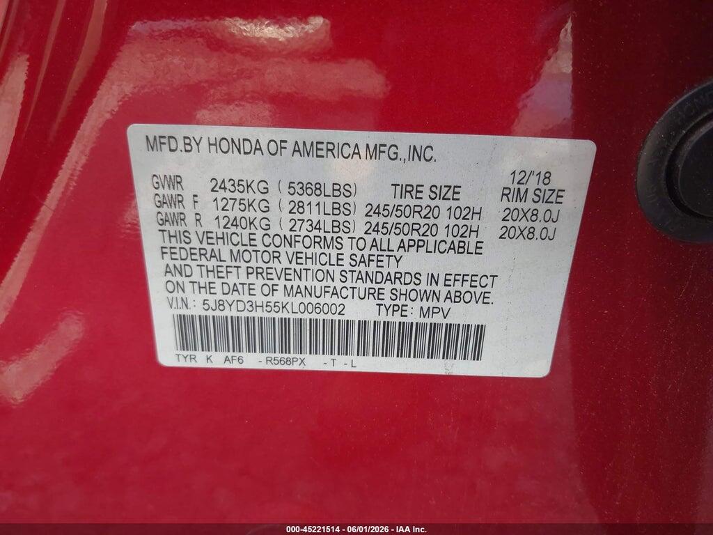 5J8YD3H55KL006002 2019 ACURA MDX photo no. 9
