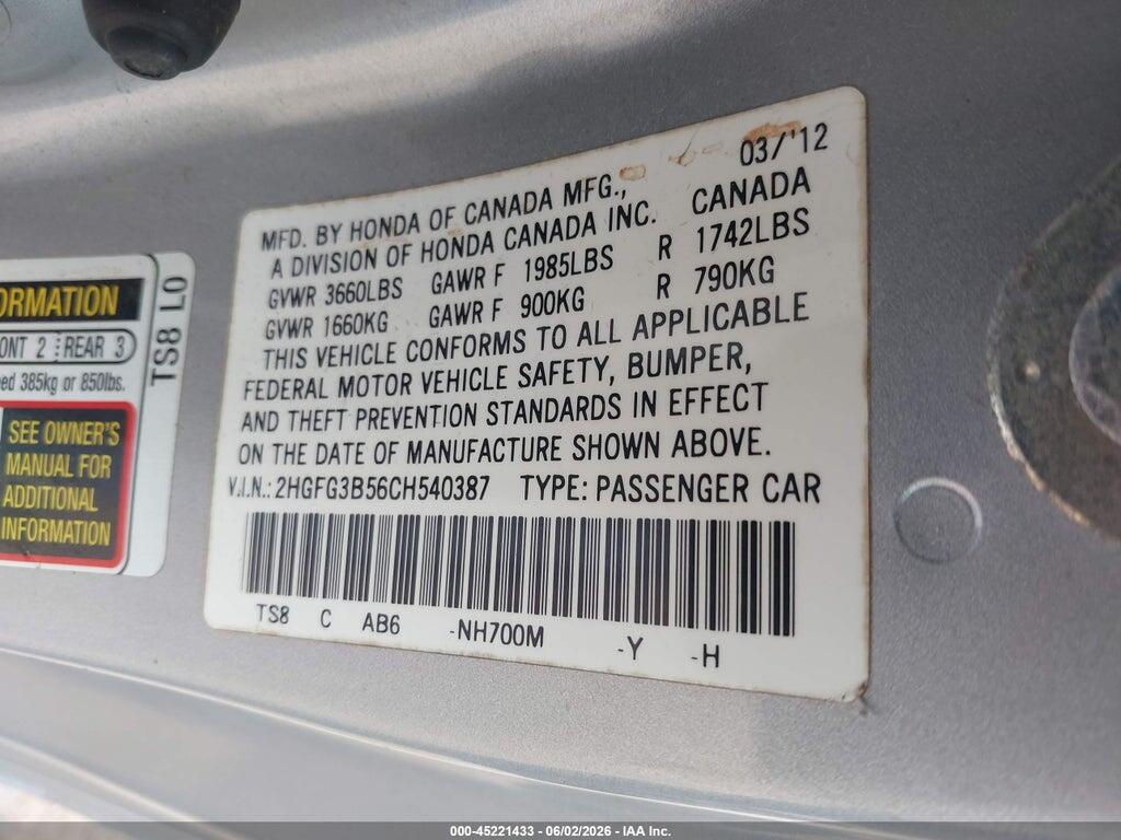 2HGFG3B56CH540387 2012 HONDA CIVIC photo no. 9