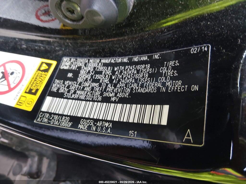 5TDJKRFH8ES021036 2014 TOYOTA HIGHLANDER photo no. 9