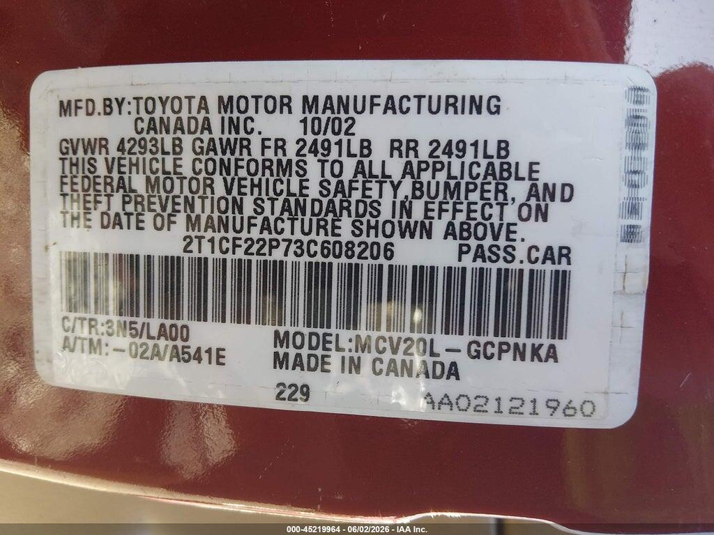2T1CF22P73C608206 2003 TOYOTA CAMRY SOLARA photo no. 9