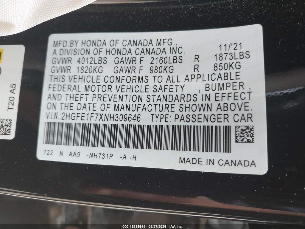 2HGFE1F7XNH309646 2022 HONDA CIVIC photo no. 9