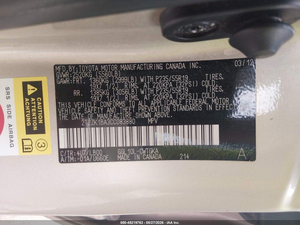 2T2ZK1BA3CC083880 2012 LEXUS RX 350 photo no. 9