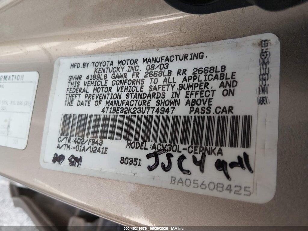 4T1BE32K23U774947 2003 TOYOTA CAMRY photo no. 9