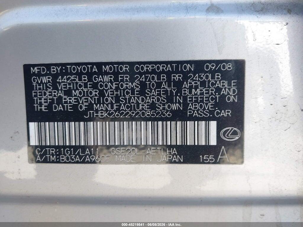 JTHBK262292085236 2009 LEXUS IS 250 photo no. 9