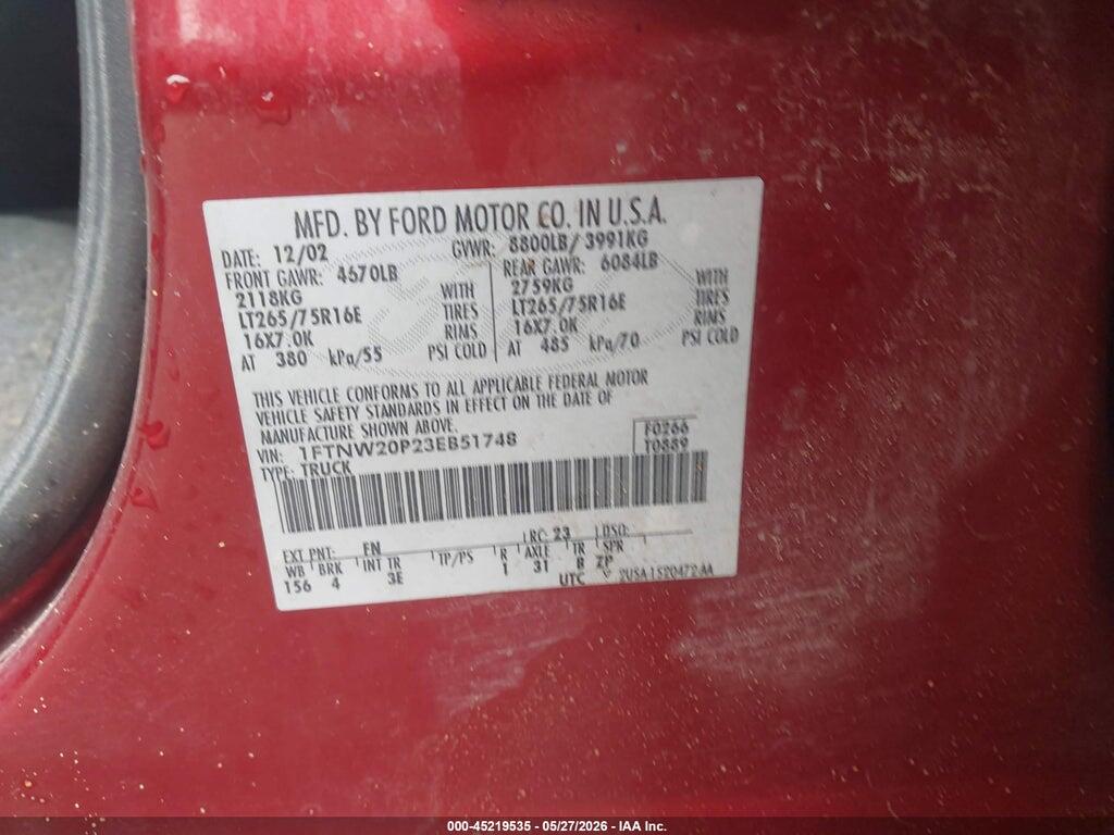 1FTNW20P23EB51748 2003 FORD F-250 photo no. 9