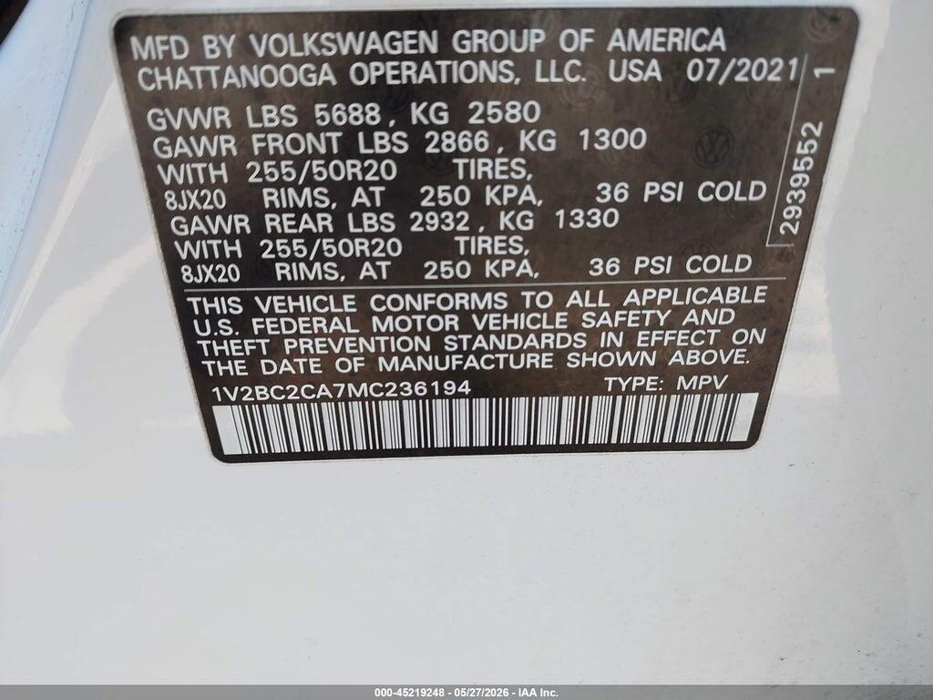 1V2BC2CA7MC236194 2021 VOLKSWAGEN ATLAS CROSS SPORT photo no. 9