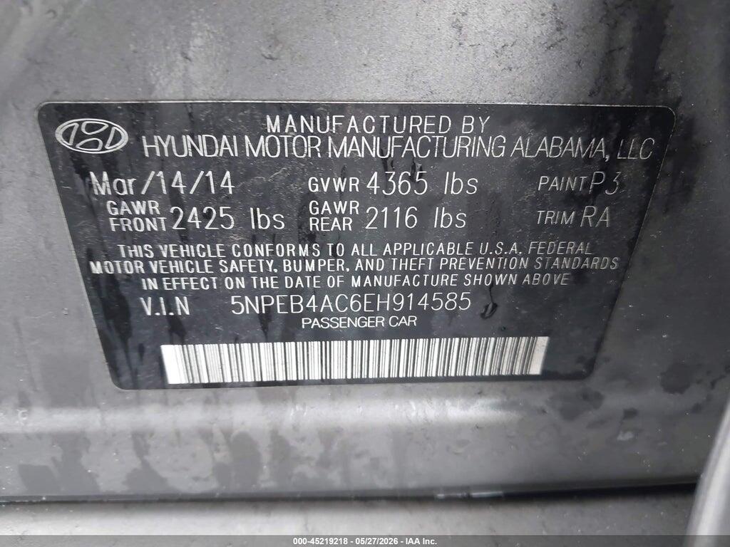 5NPEB4AC6EH914585 2014 HYUNDAI SONATA photo no. 9