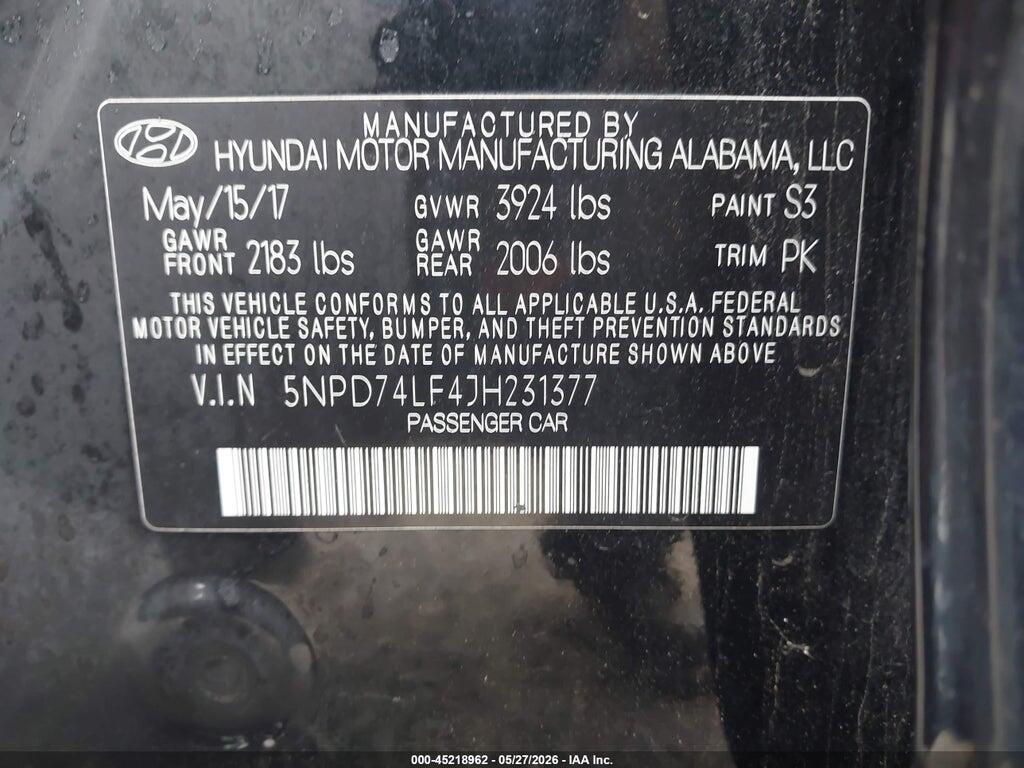 5NPD74LF4JH231377 2018 HYUNDAI ELANTRA photo no. 9