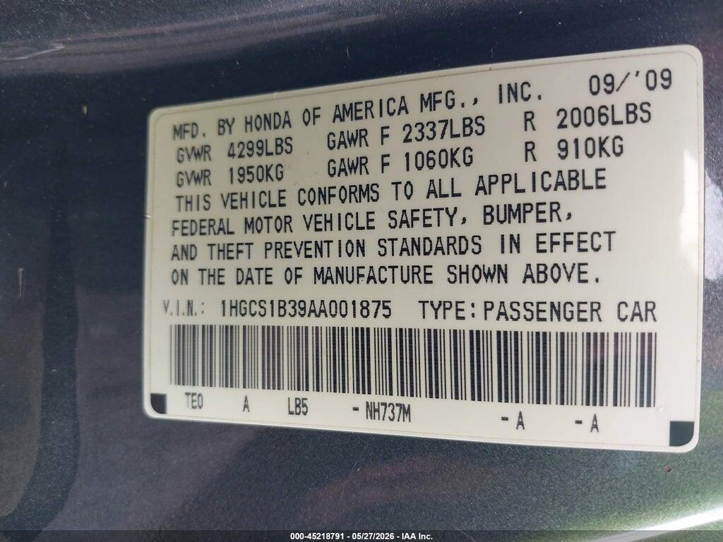 1HGCS1B39AA001875 2010 HONDA ACCORD photo no. 9