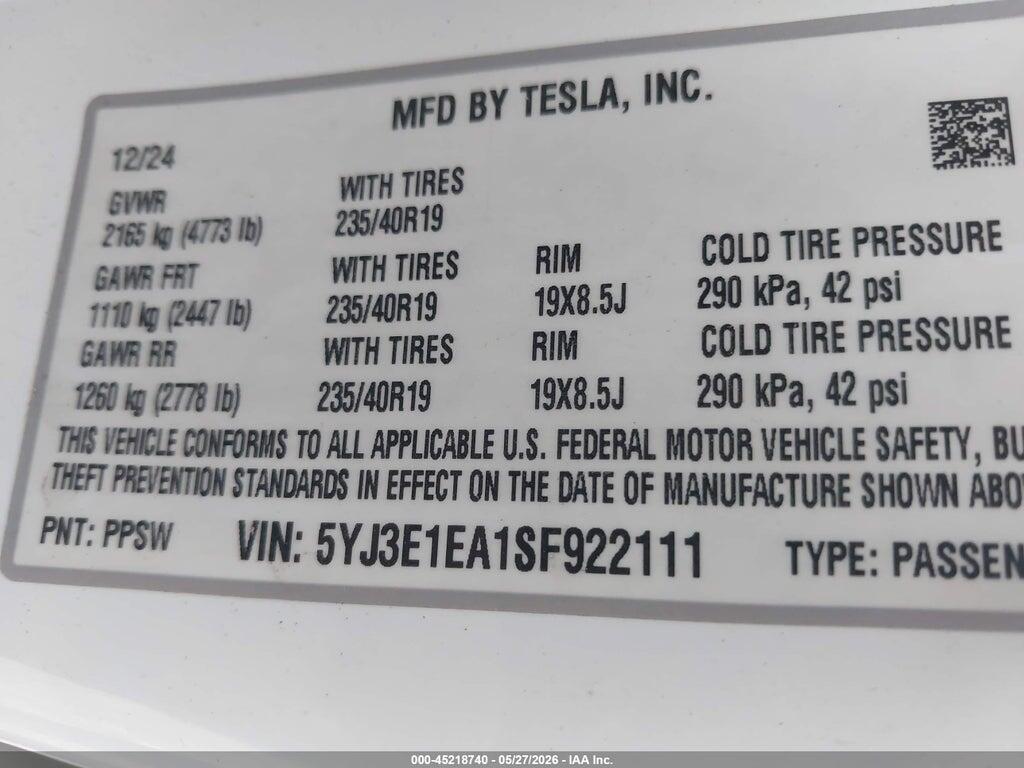 5YJ3E1EA1SF922111 2025 TESLA MODEL 3 photo no. 9