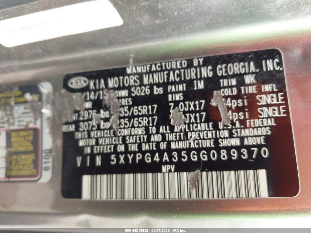 5XYPG4A35GG089370 2016 KIA SORENTO photo no. 9