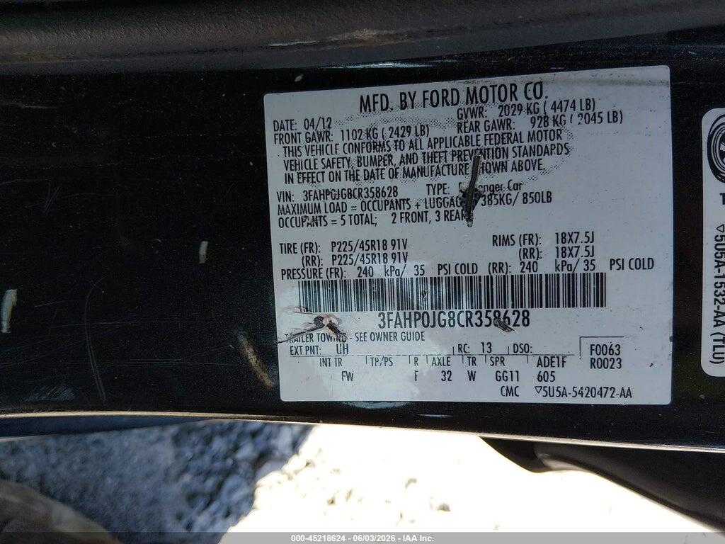 3FAHP0JG8CR358628 2012 FORD FUSION photo no. 9