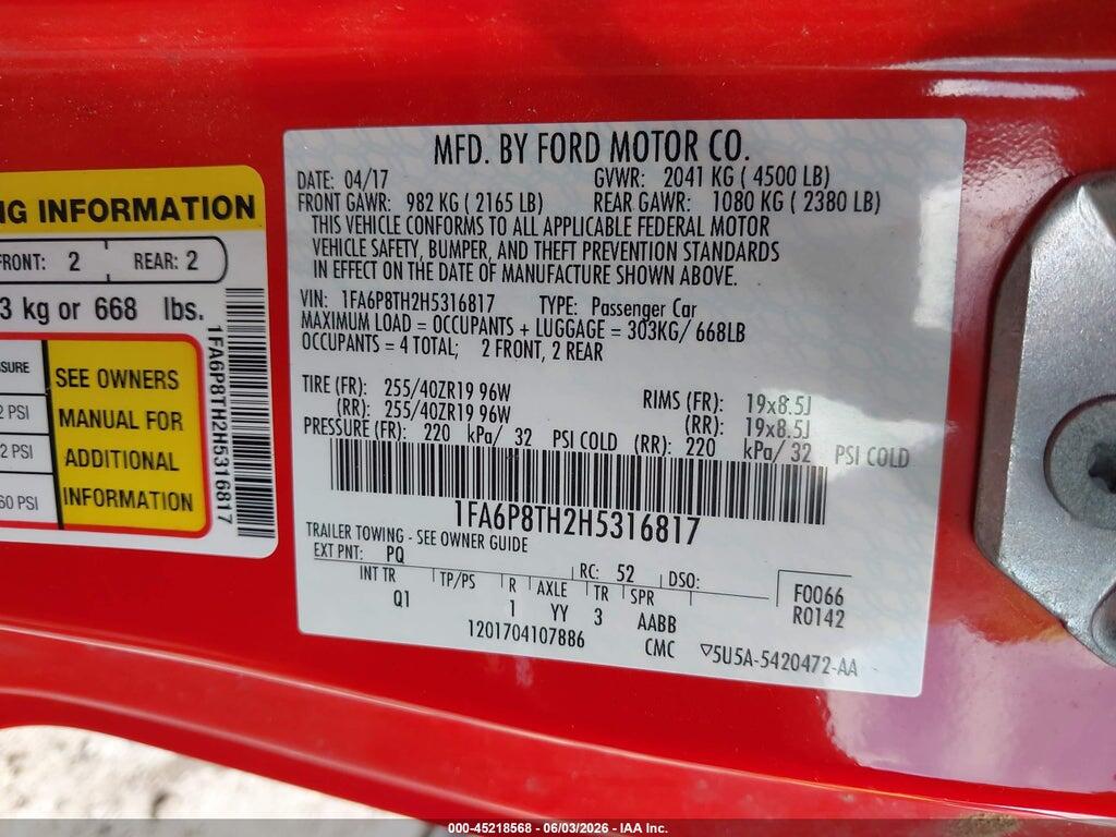 1FA6P8TH2H5316817 2017 FORD MUSTANG photo no. 9