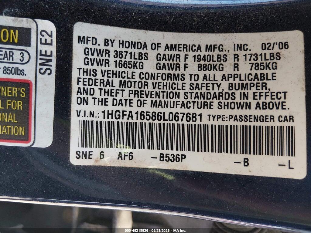 1HGFA16586L067681 2006 HONDA CIVIC photo no. 9