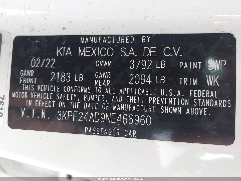 3KPF24AD9NE466960 2022 KIA FORTE photo no. 9