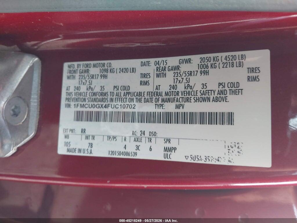 1FMCU0GX4FUC10702 2015 FORD ESCAPE photo no. 9