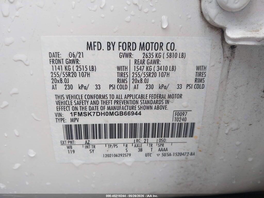 1FMSK7DH0MGB66944 2021 FORD EXPLORER photo no. 9