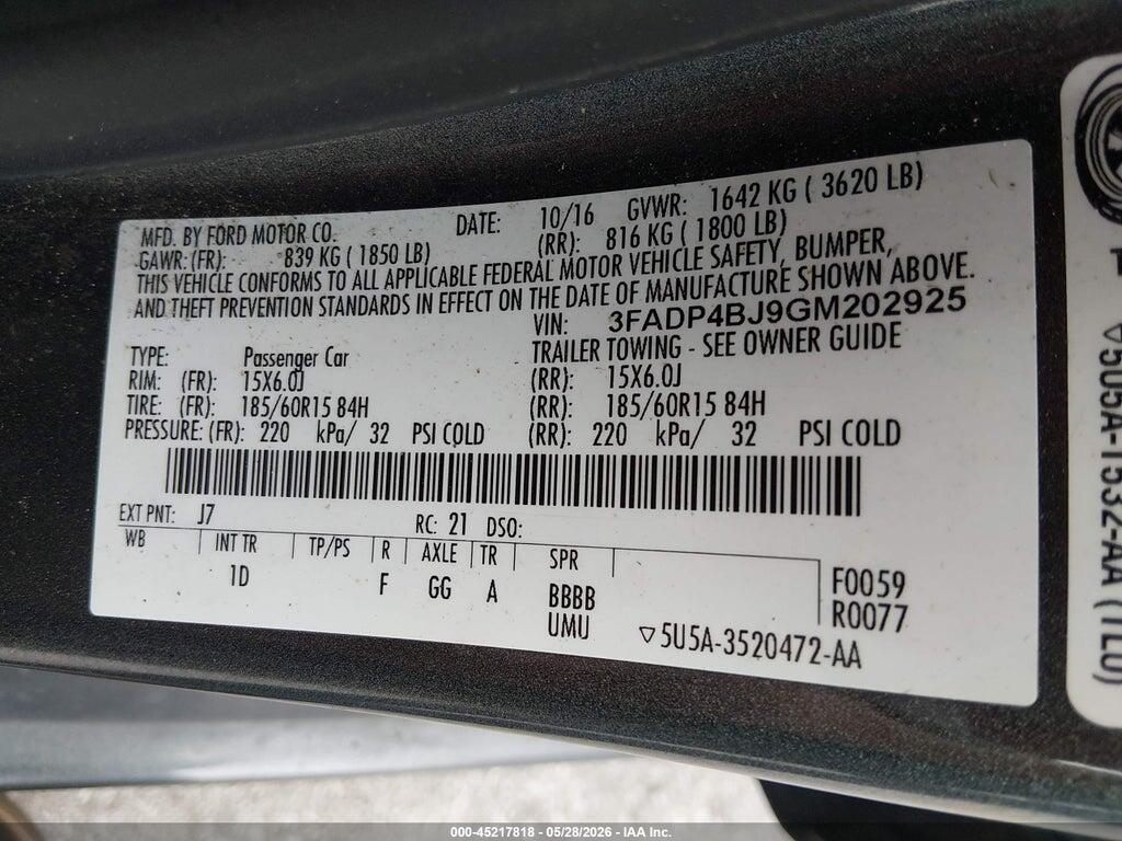 3FADP4BJ9GM202925 2016 FORD FIESTA photo no. 9