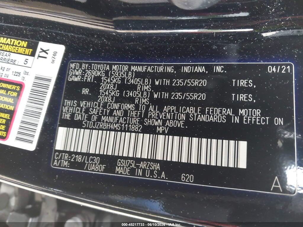 5TDJZRBH4MS111882 2021 TOYOTA HIGHLANDER photo no. 9