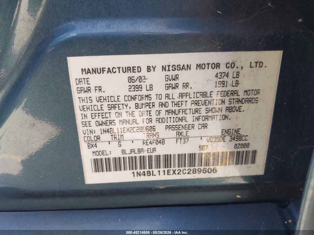 1N4BL11EX2C289606 2002 NISSAN ALTIMA photo no. 9