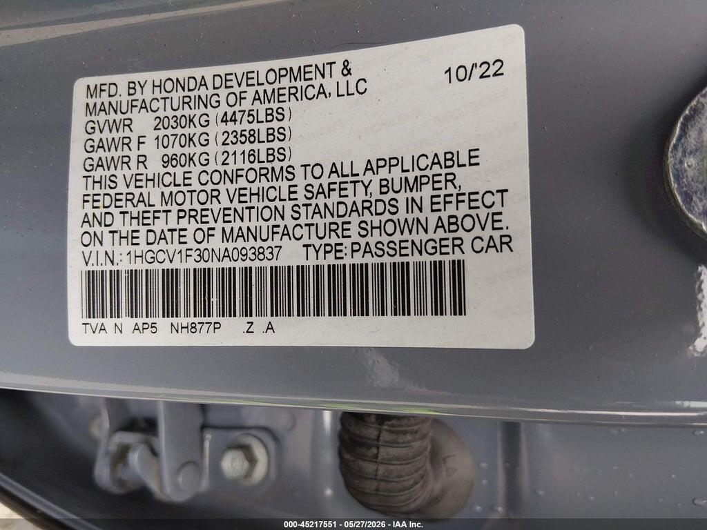 1HGCV1F30NA093837 2022 HONDA ACCORD photo no. 9