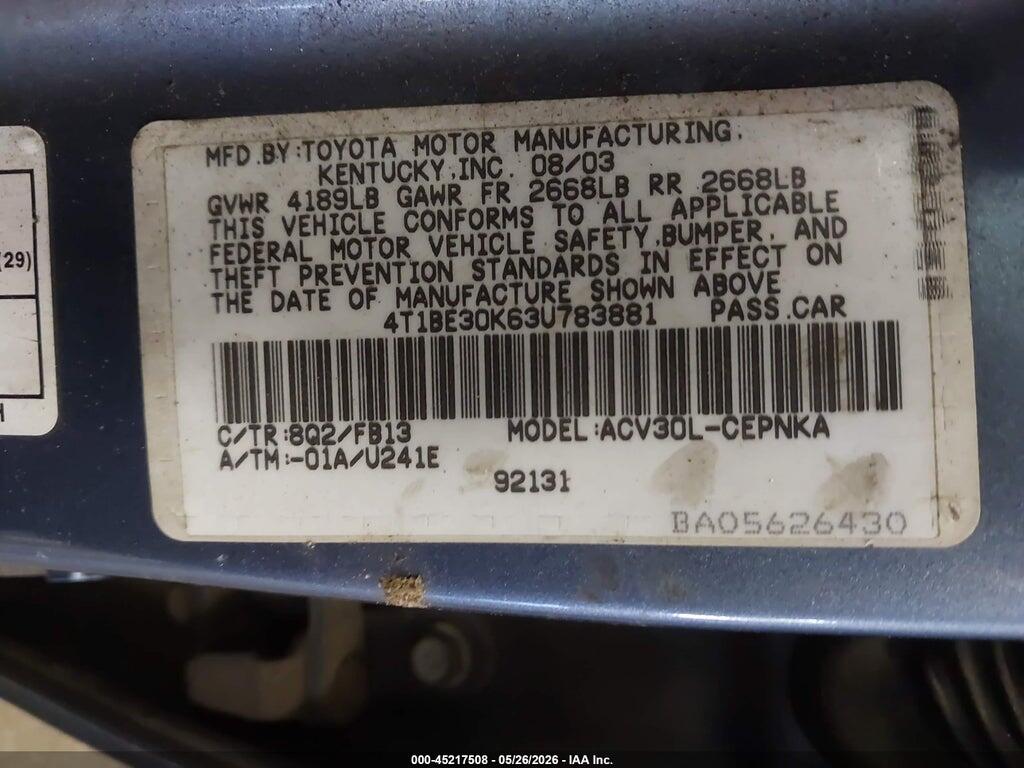 4T1BE30K63U783881 2003 TOYOTA CAMRY photo no. 9