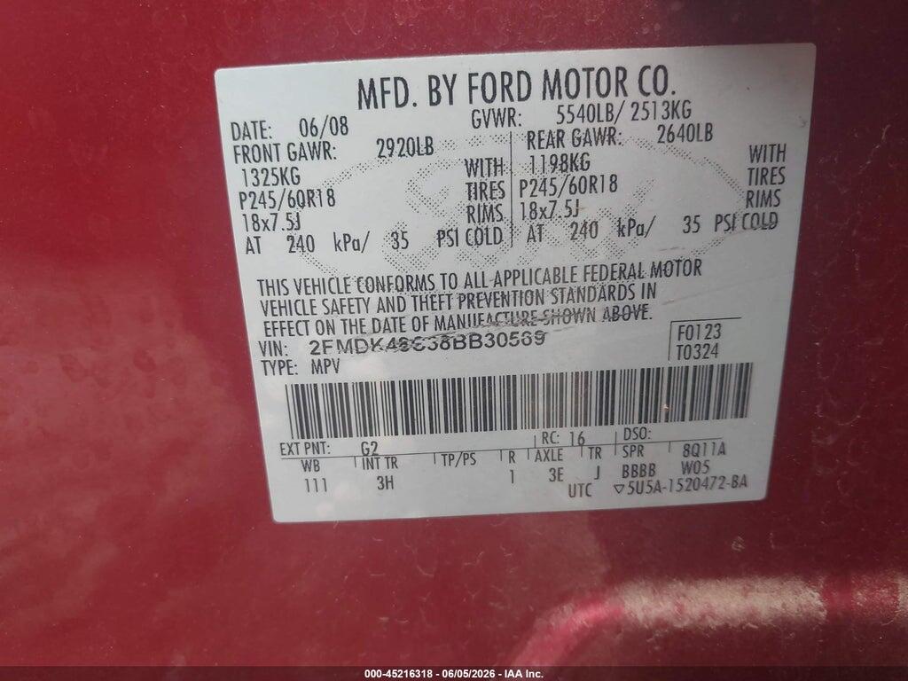 2FMDK48C38BB30569 2008 FORD EDGE photo no. 9