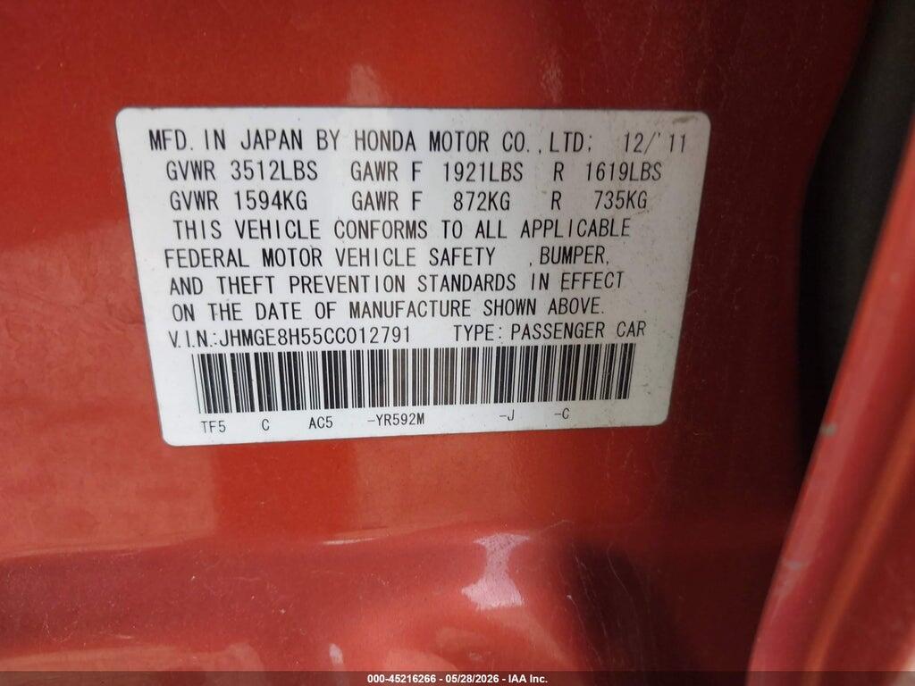 JHMGE8H55CC012791 2012 HONDA FIT photo no. 9