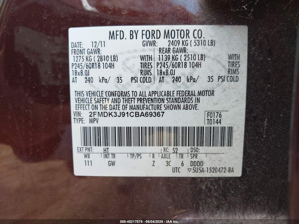 2FMDK3J91CBA69367 2012 FORD EDGE photo no. 9