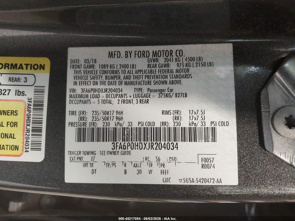 3FA6P0HDXJR204034 2018 FORD FUSION photo no. 9