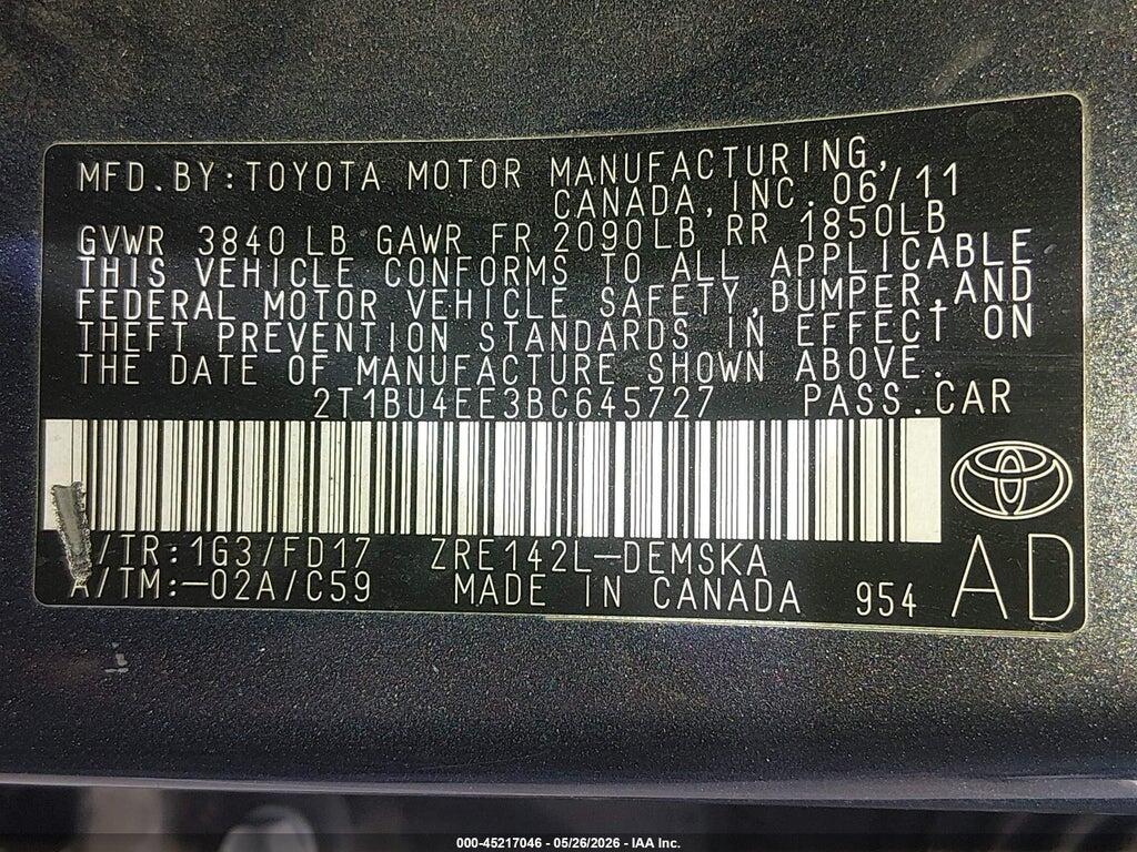 2T1BU4EE3BC645727 2011 TOYOTA COROLLA photo no. 9