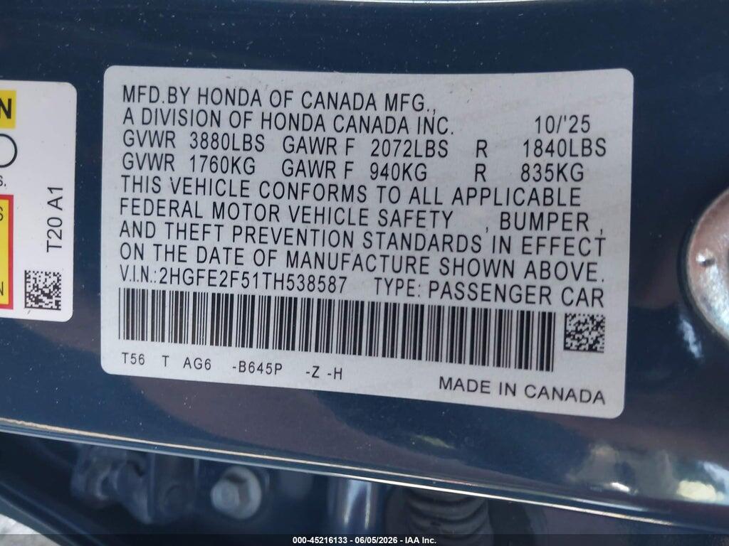 2HGFE2F51TH538587 2026 HONDA CIVIC photo no. 9