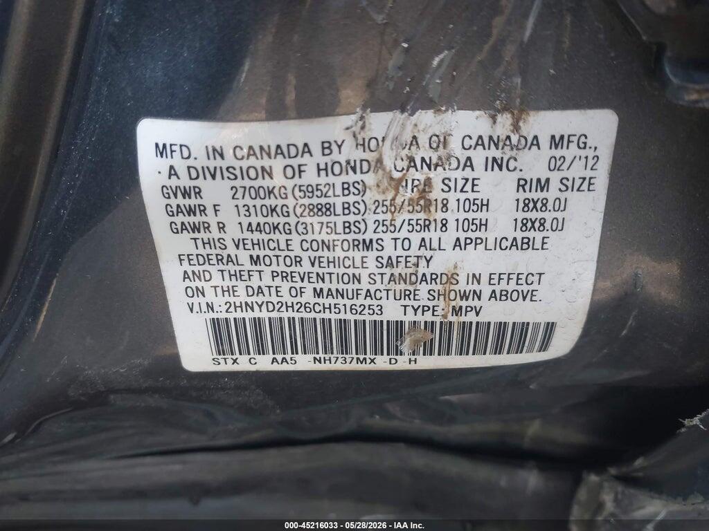 2HNYD2H26CH516253 2012 ACURA MDX photo no. 9