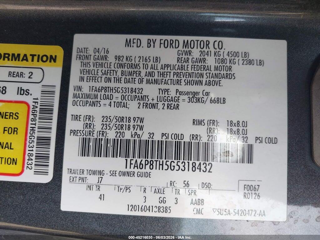 1FA6P8TH5G5318432 2016 FORD MUSTANG photo no. 9