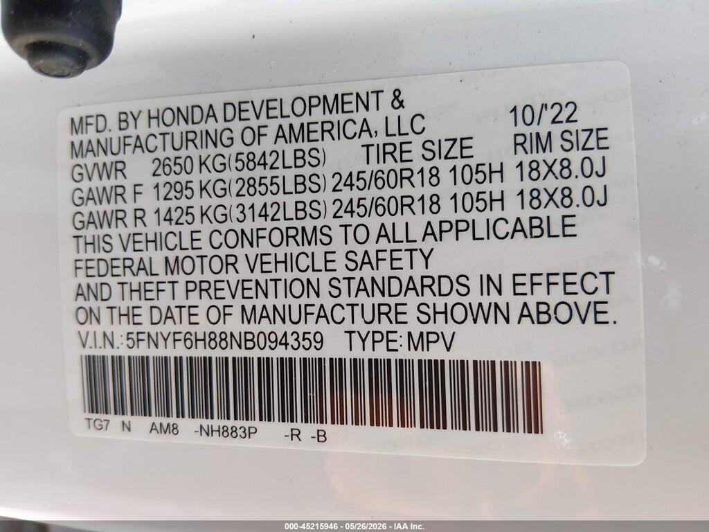 5FNYF6H88NB094359 2022 HONDA PILOT photo no. 9