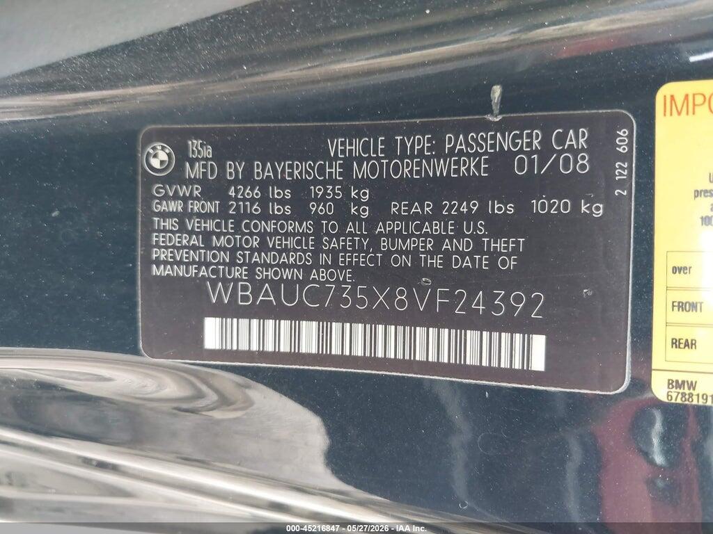 WBAUC735X8VF24392 2008 BMW 135I photo no. 9